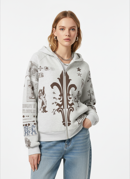 Street Retro Cat Graffiti Hooded Zipper Sweatshirt 