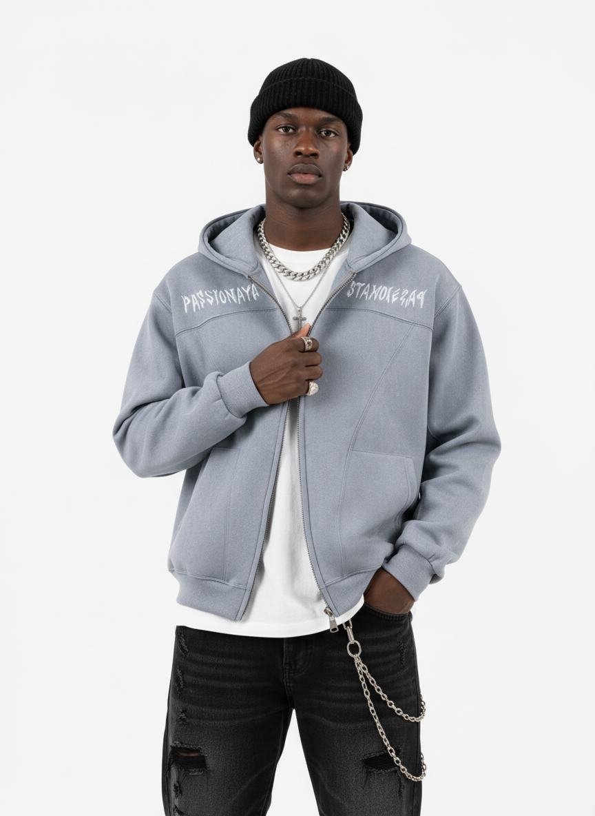 Vintage Suede Letter Embroidered Cropped Zip Up Hoodie 