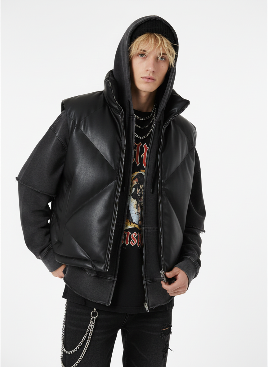 Minimalist Faux Leather Stand Collar Puffer Vest 