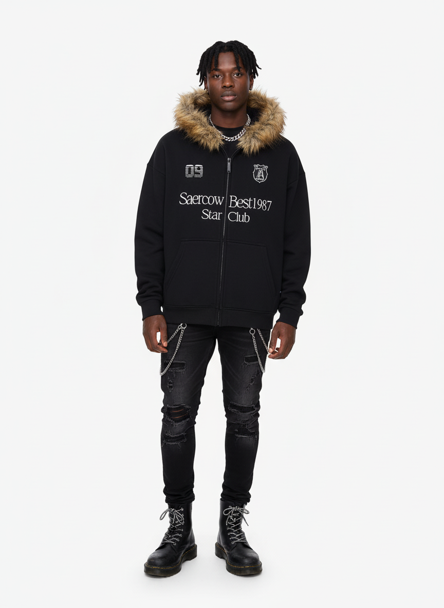 Letter Medal Embroidered Cardigan Fur Collar Hooded Sweatshirt 