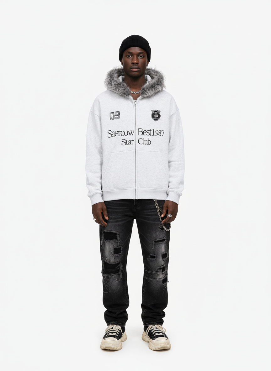 Letter Medal Embroidered Cardigan Fur Collar Hooded Sweatshirt 