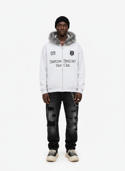 Letter Medal Embroidered Cardigan Fur Collar Hooded Sweatshirt 