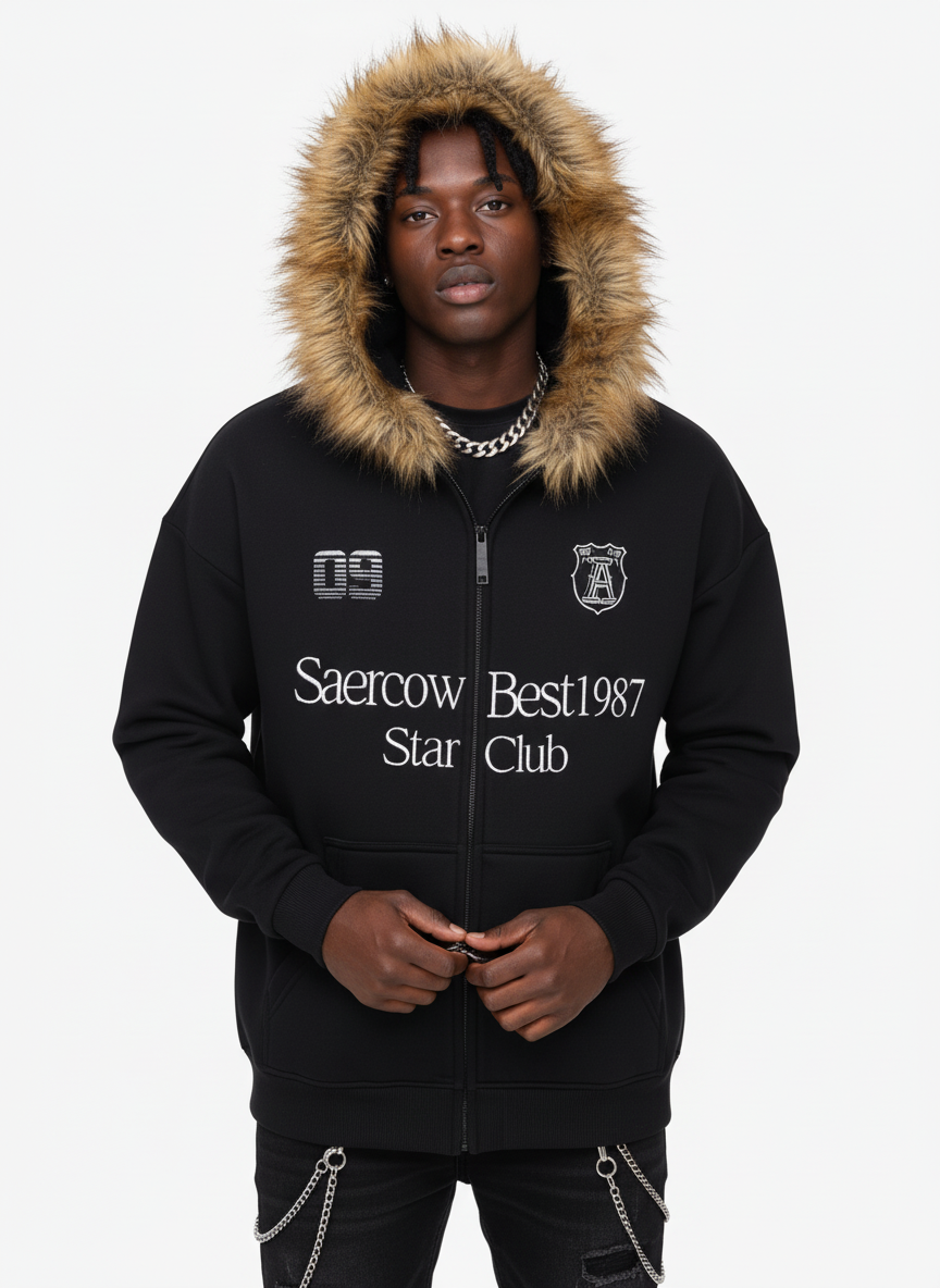 Letter Medal Embroidered Cardigan Fur Collar Hooded Sweatshirt 