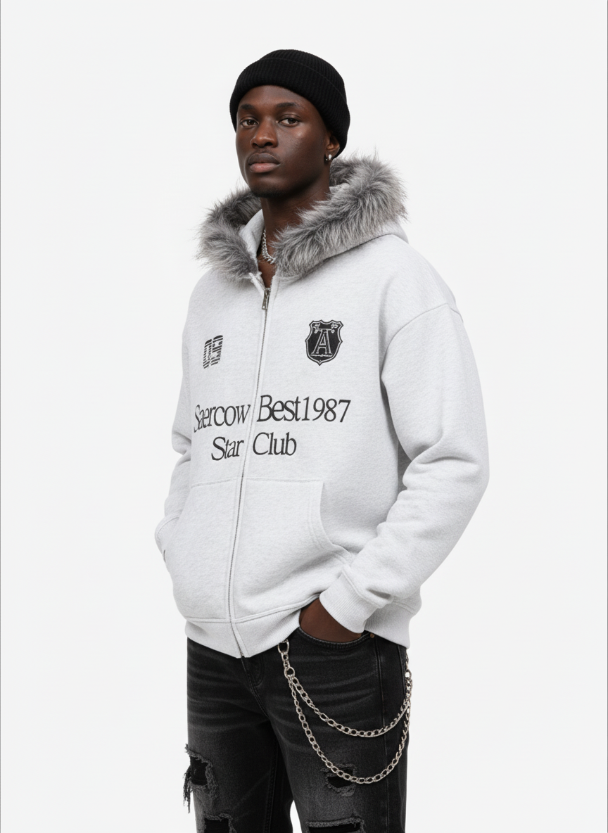 Letter Medal Embroidered Cardigan Fur Collar Hooded Sweatshirt 