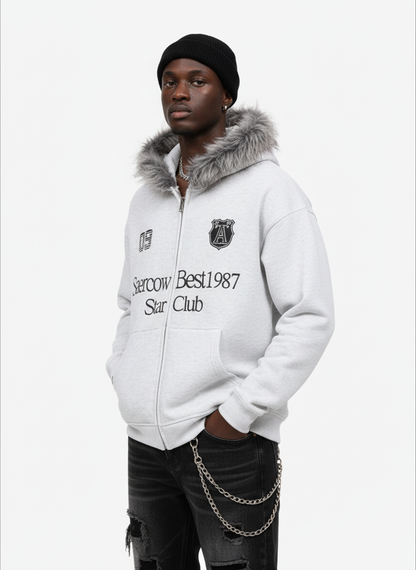 Letter Medal Embroidered Cardigan Fur Collar Hooded Sweatshirt 