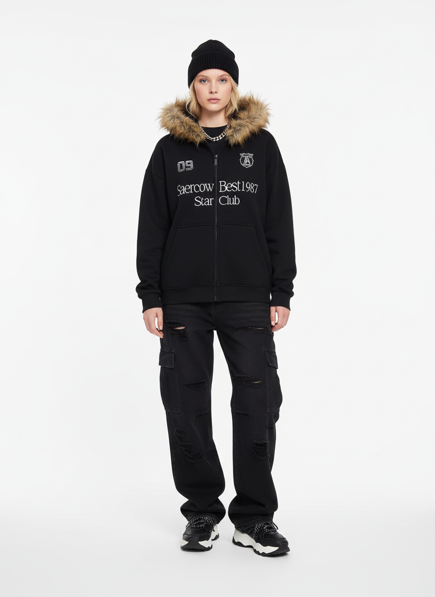 Letter Medal Embroidered Cardigan Fur Collar Hooded Sweatshirt 