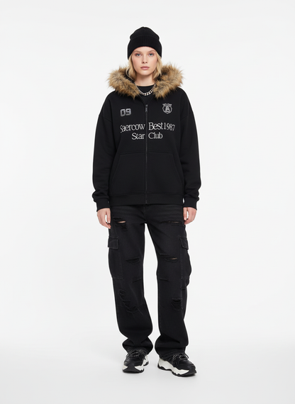Letter Medal Embroidered Cardigan Fur Collar Hooded Sweatshirt 