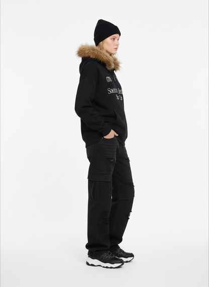 Letter Medal Embroidered Cardigan Fur Collar Hooded Sweatshirt 
