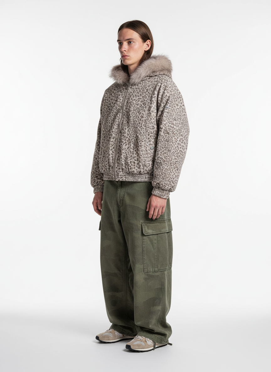 Cotton Cheetah Print Mink Fur Hooded Jacket - 2270 