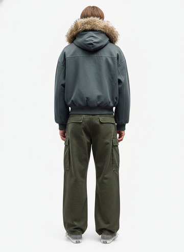 Faux Fur Lined Zip Up Hooded Bomber Jacket 