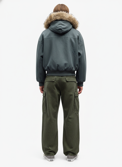 Faux Fur Lined Zip Up Hooded Bomber Jacket 