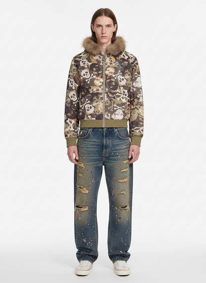 Skull Camouflage Fur Collar Hot Diamond Hooded Jacket - 2507 