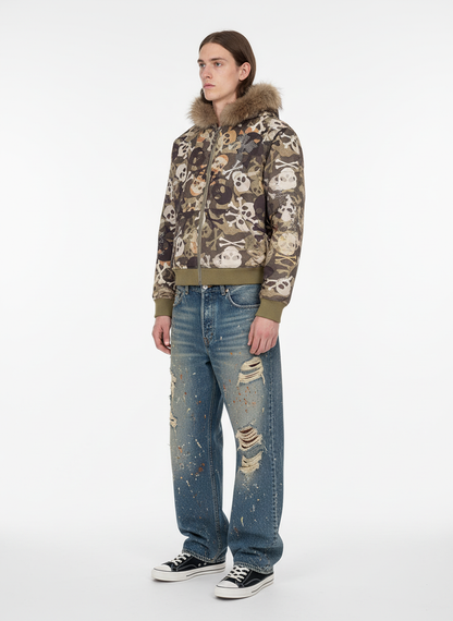 Skull Camouflage Fur Collar Hot Diamond Hooded Jacket - 2507 