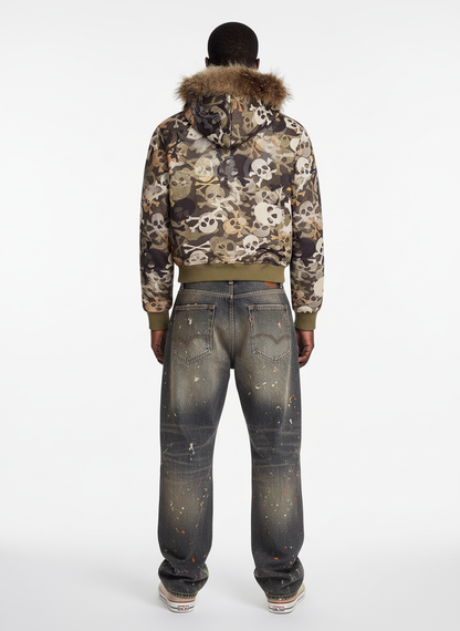 Skull Camouflage Fur Collar Hot Diamond Hooded Jacket - 2507 