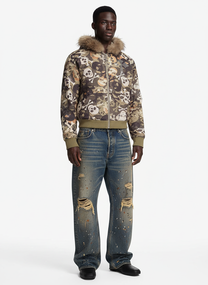 Skull Camouflage Fur Collar Hot Diamond Hooded Jacket - 2507 