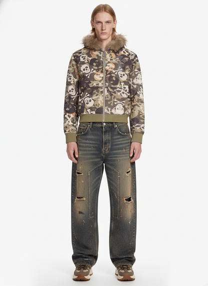 Skull Camouflage Fur Collar Hot Diamond Hooded Jacket - 2507 