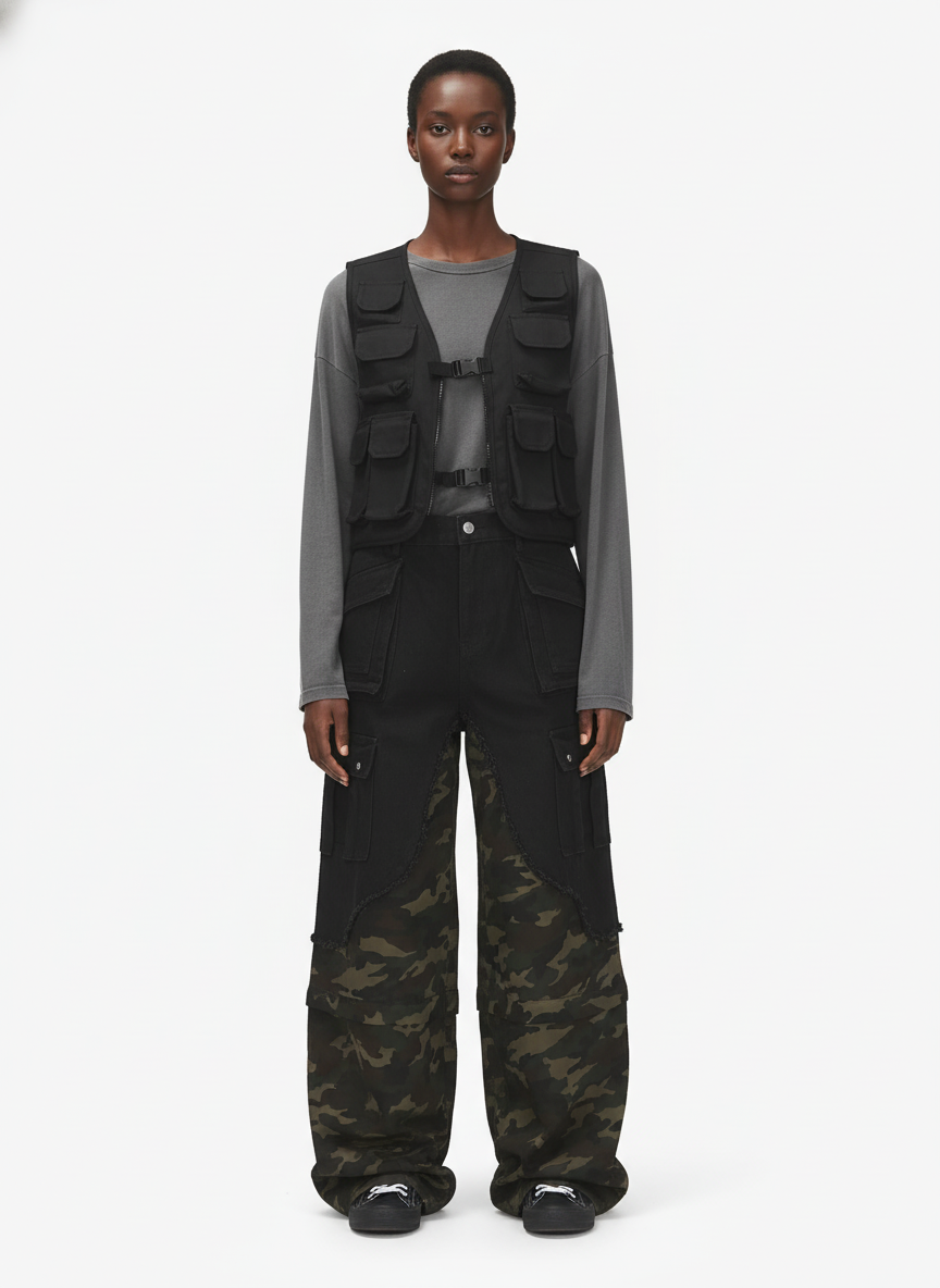 Retro Camouflage Faux Two-Piece Detachable Patchwork Pants 