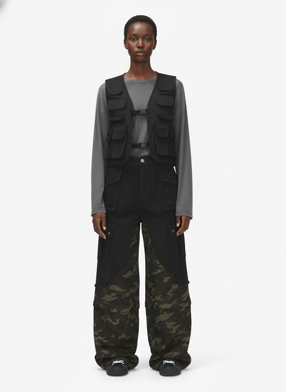Retro Camouflage Faux Two-Piece Detachable Patchwork Pants 