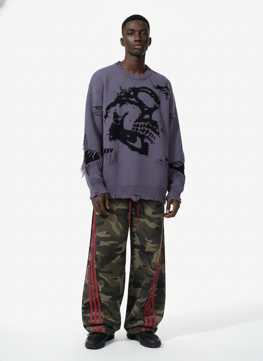Hip-Hop Dark Skull Frayed-Edge Knit Sweater 