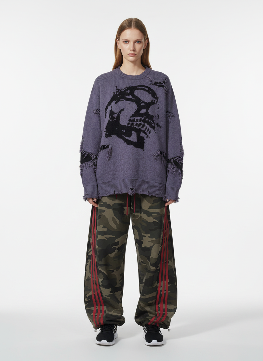 Hip-Hop Dark Skull Frayed-Edge Knit Sweater 
