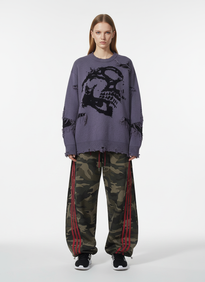 Hip-Hop Dark Skull Frayed-Edge Knit Sweater 
