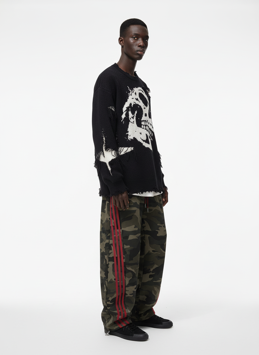 Hip-Hop Dark Skull Frayed-Edge Knit Sweater 