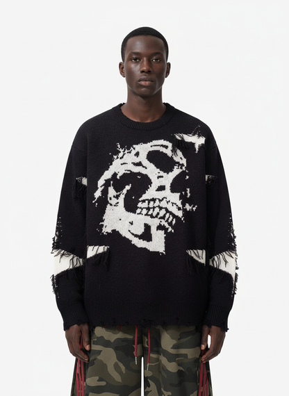 Hip-Hop Dark Skull Frayed-Edge Knit Sweater 