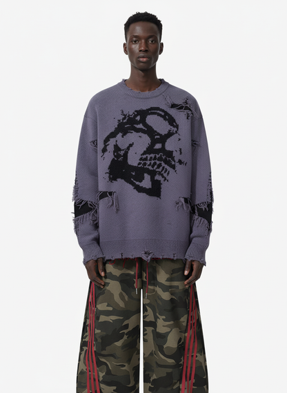 Hip-Hop Dark Skull Frayed-Edge Knit Sweater 
