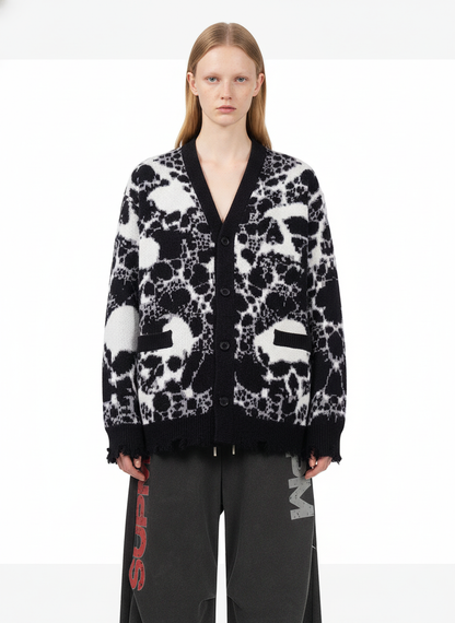 Vintage Skull Leopard Jacquard Knitted Cardigan 