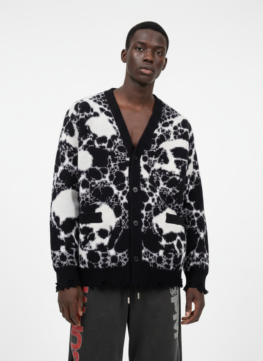 Vintage Skull Leopard Jacquard Knitted Cardigan 