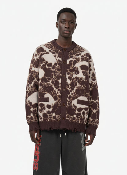 Vintage Skull Leopard Jacquard Knitted Cardigan 