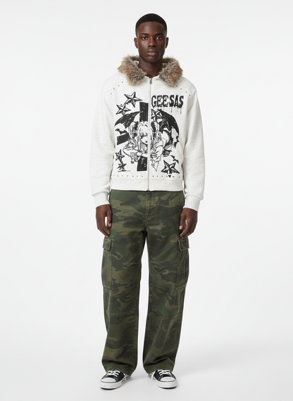 Retro Fur Collar Cartoon Pattern Zipper Hooded Sweatshirt 