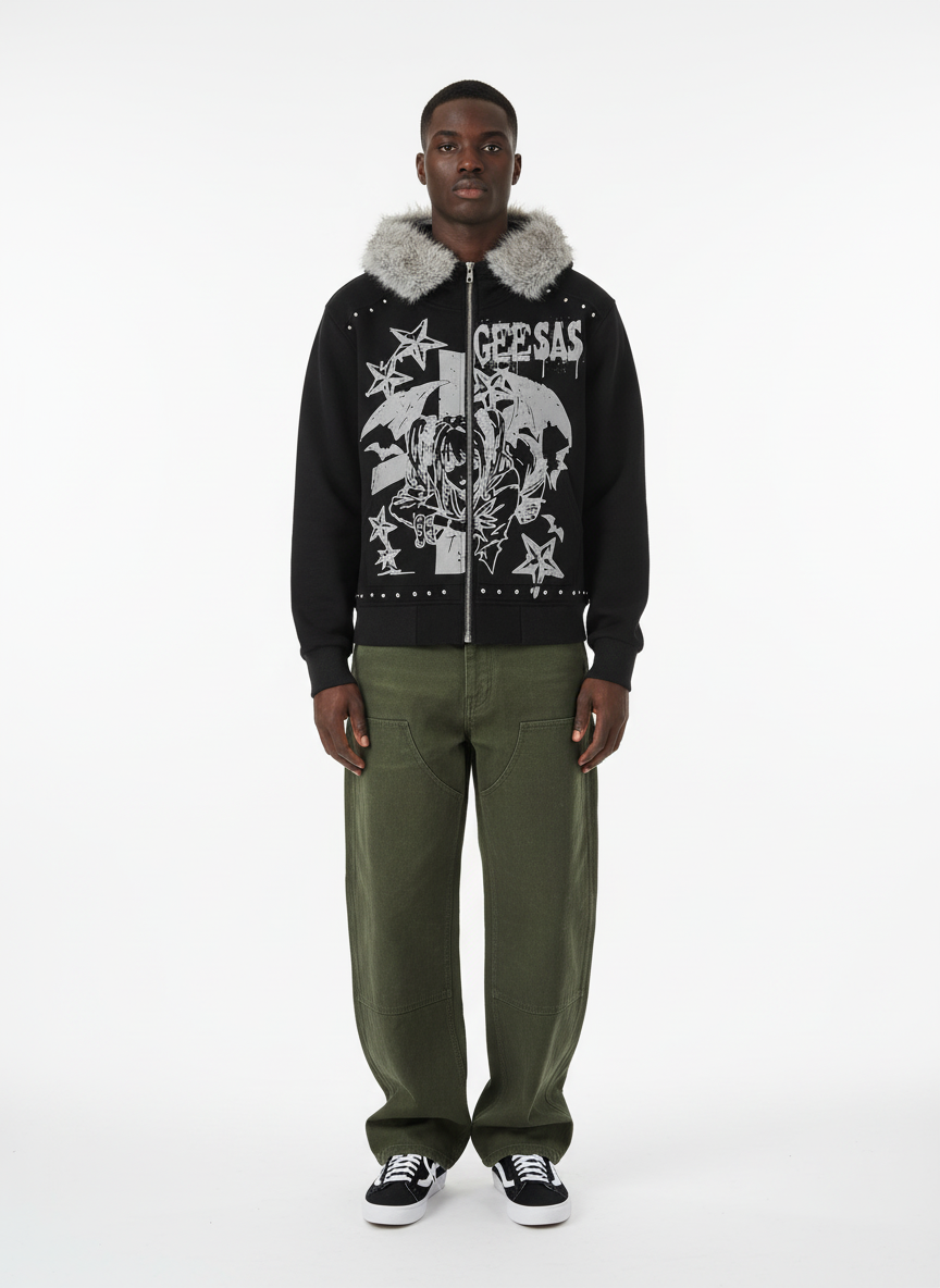 Retro Fur Collar Cartoon Pattern Zipper Hooded Sweatshirt 