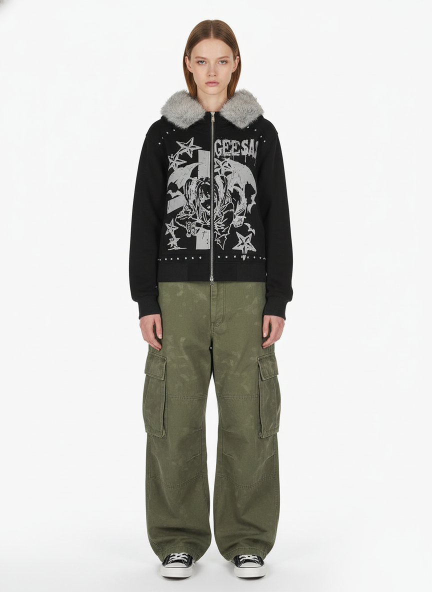 Retro Fur Collar Cartoon Pattern Zipper Hooded Sweatshirt 