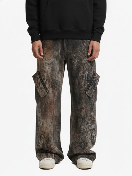 Vintage Distressed Wash Utility Zipper Pocket Wide Leg Cargo Pants 