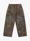 Retro Graffiti Painted Distressed Wide-Leg Jeans 