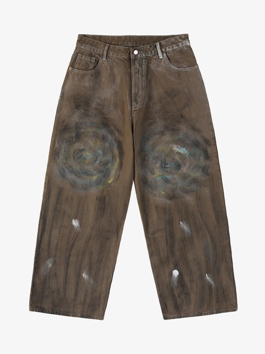 Retro Graffiti Painted Distressed Wide-Leg Jeans 