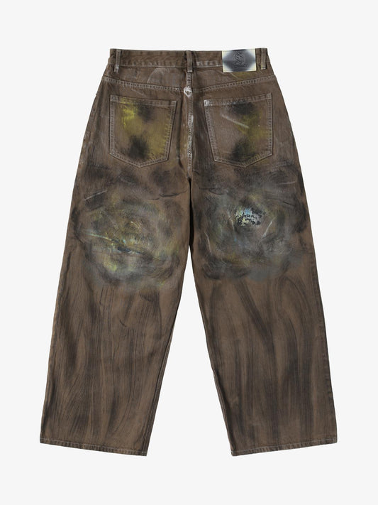 Retro Graffiti Painted Distressed Wide-Leg Jeans 