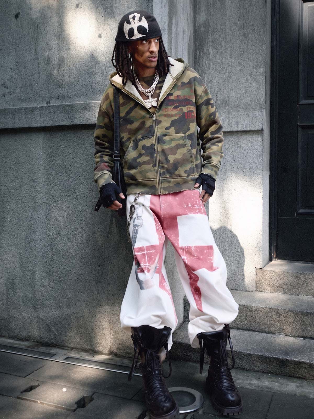 Camo Letter Graphic Distressed Zip-Up Hoodie