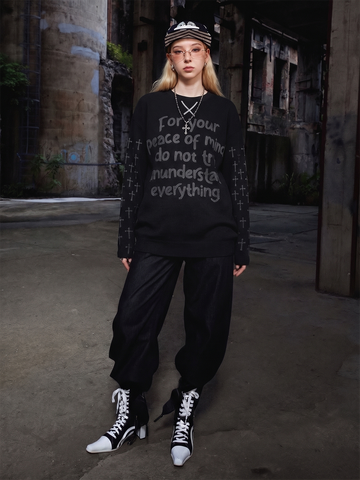 Slogan Graphic Waffle Long Sleeve Tee
