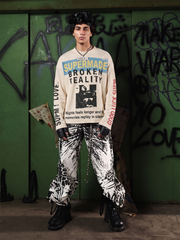 T-shirt a maniche lunghe con stampa effetto vintage e motivo waffle