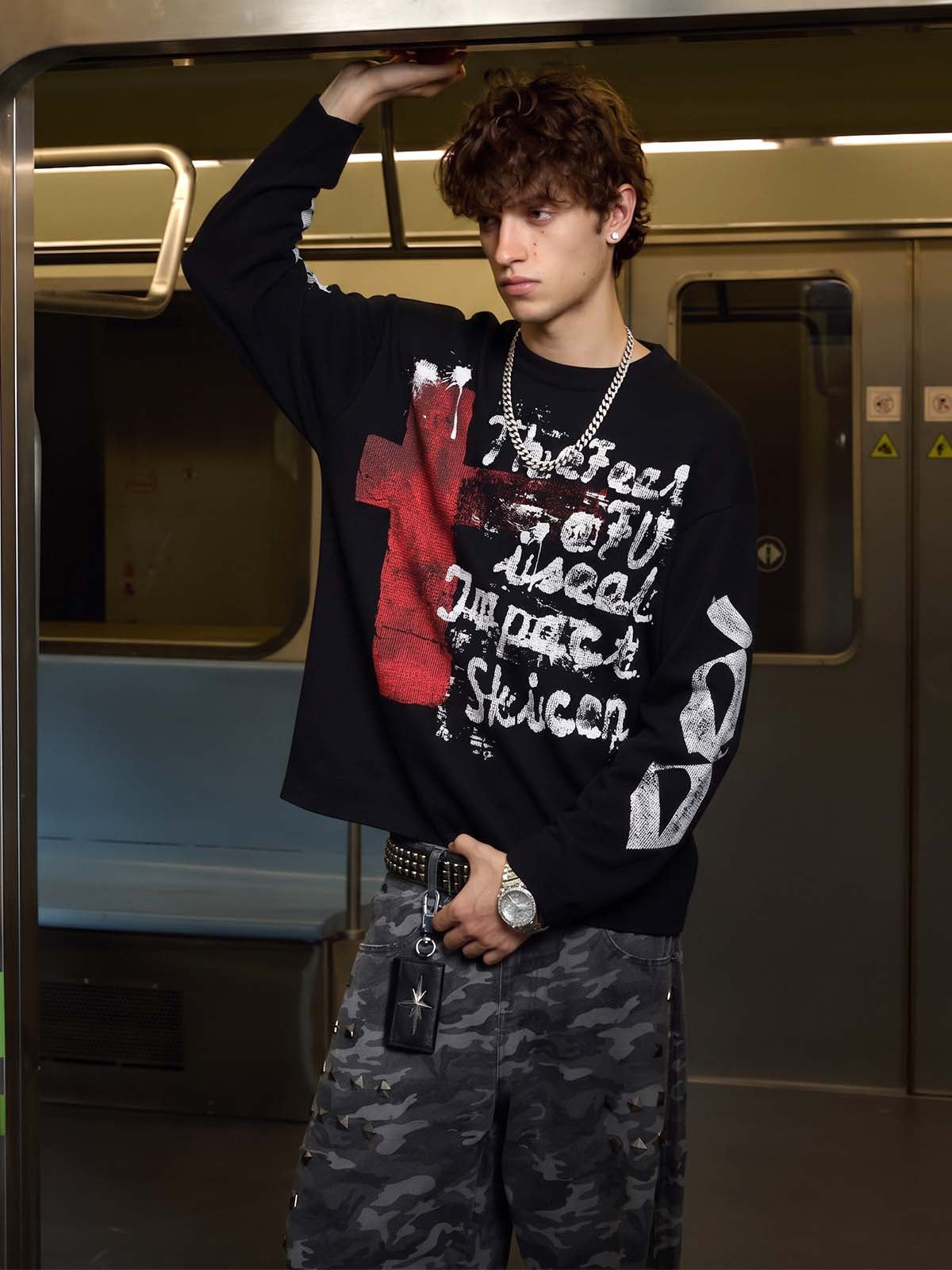 Dark Letter Graphic Waffle Long Sleeve Tee; Black / M, Black / XL, Black / 2XL, Black / L