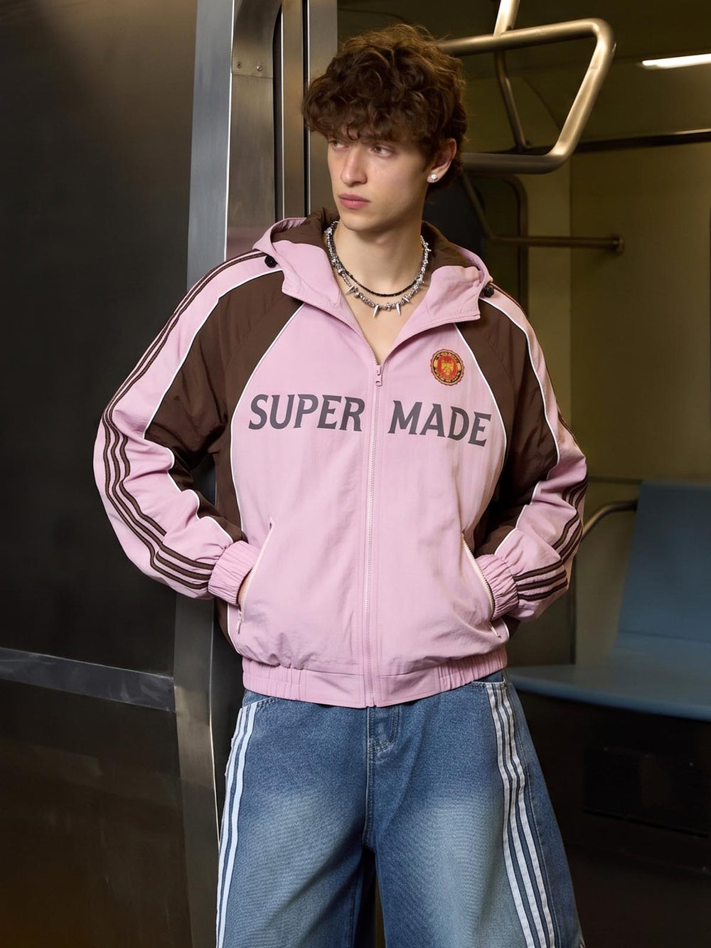 Motorcycle Letter Graphic Color Block Hooded Windbreaker Jacket