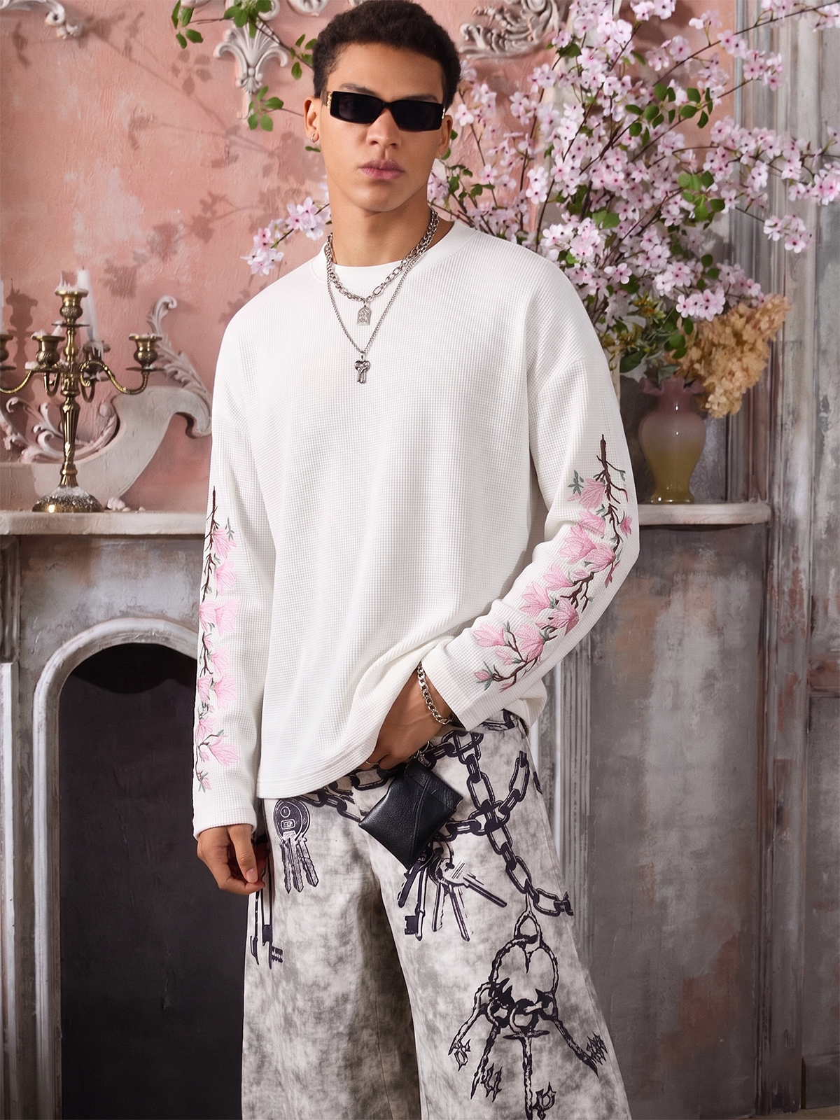 Floral Embroidered Waffle Long Sleeve Tee