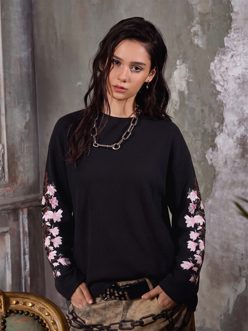 Floral Embroidered Waffle Long Sleeve Tee