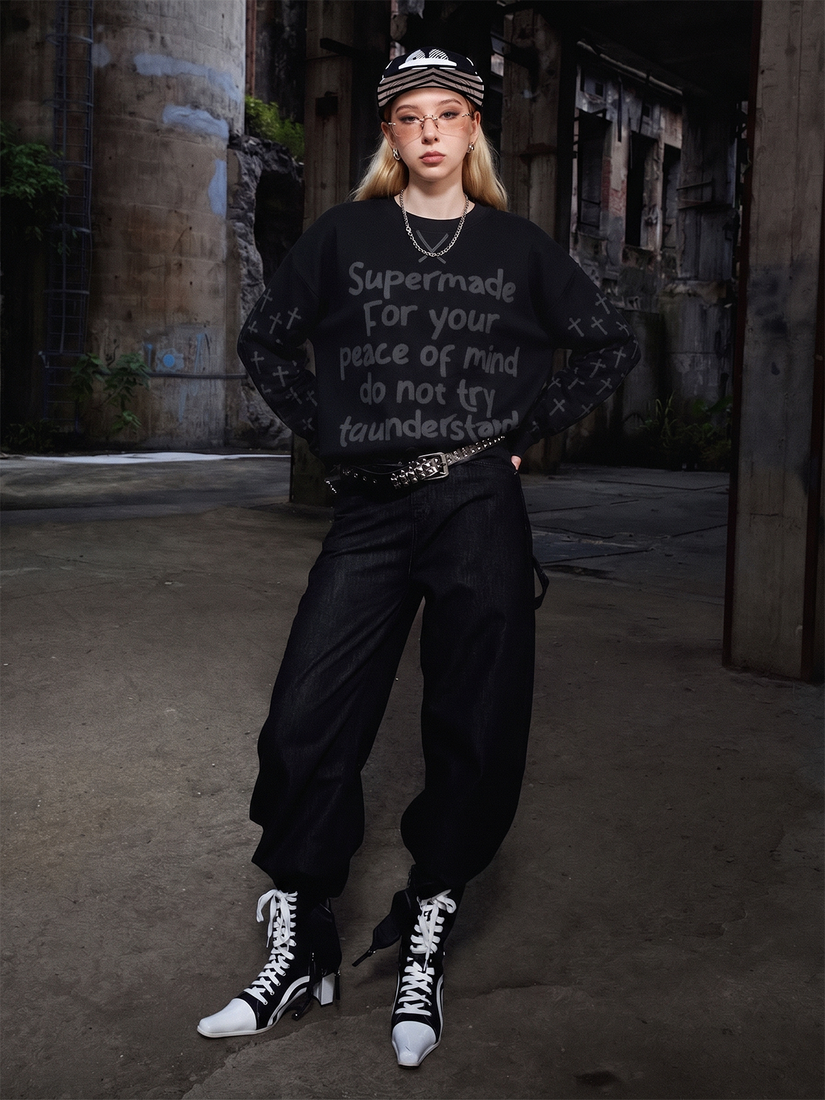Langarmshirt mit Slogan und Waffelmuster