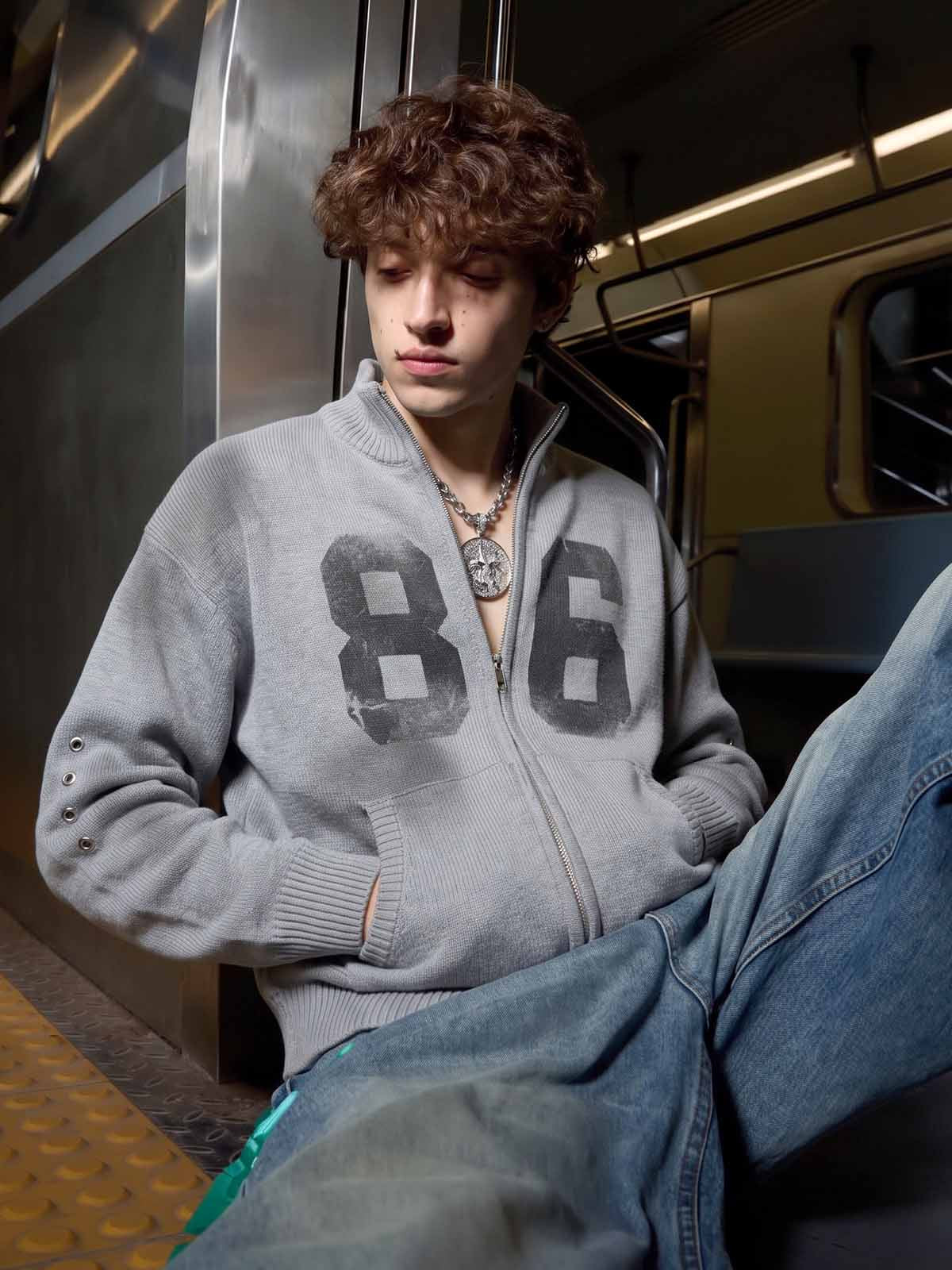 86 Graphic Eyelet Zip Knit Cardigan; Gray / S, Gray / M, Gray / L, Gray / XL