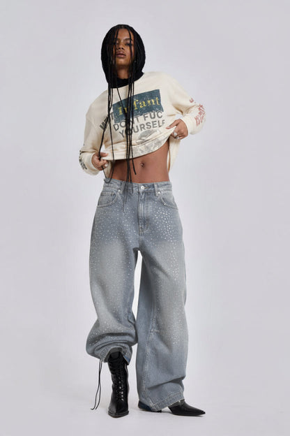 Street Denim Rhinestone-Embellished Baggy Jeans 