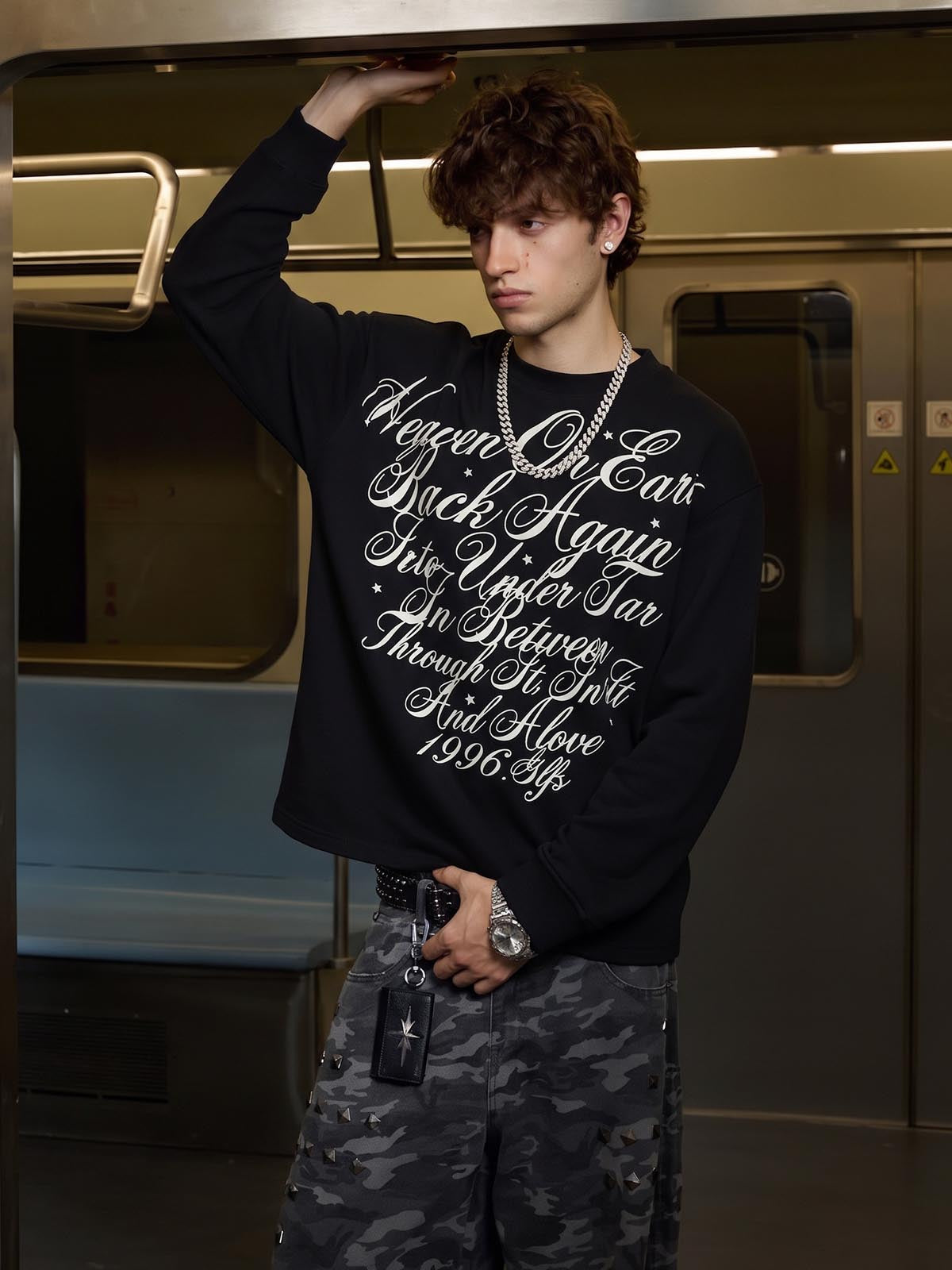 Street Letter Print Waffle Long-Sleeve Tee; Black / M, Black / L, Black / XL