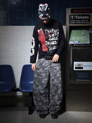 Dark Letter Graphic Waffle Long Sleeve Tee; Black / M, Black / XL, Black / 2XL, Black / L